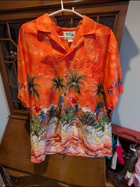 KY'S From Hawaii Vibrant Orange Tropical Parrot Hawaiian Shirt 2XL